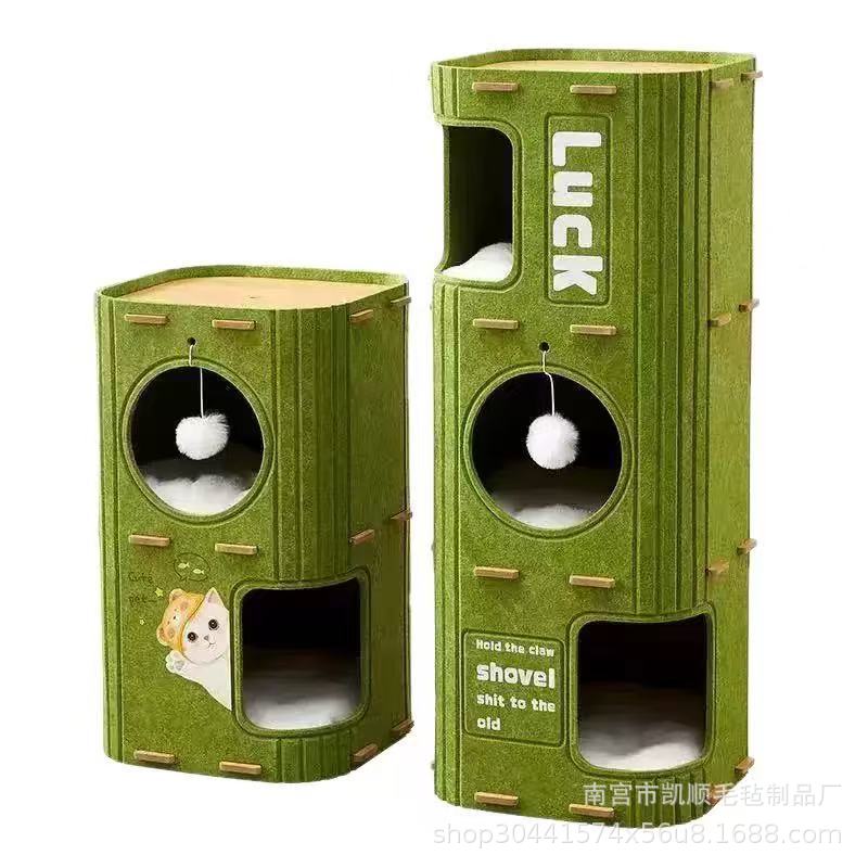 All-Season Wear-Resistant Multi-Layer Cat Tree with Scratching Board and Enclosed Cave.