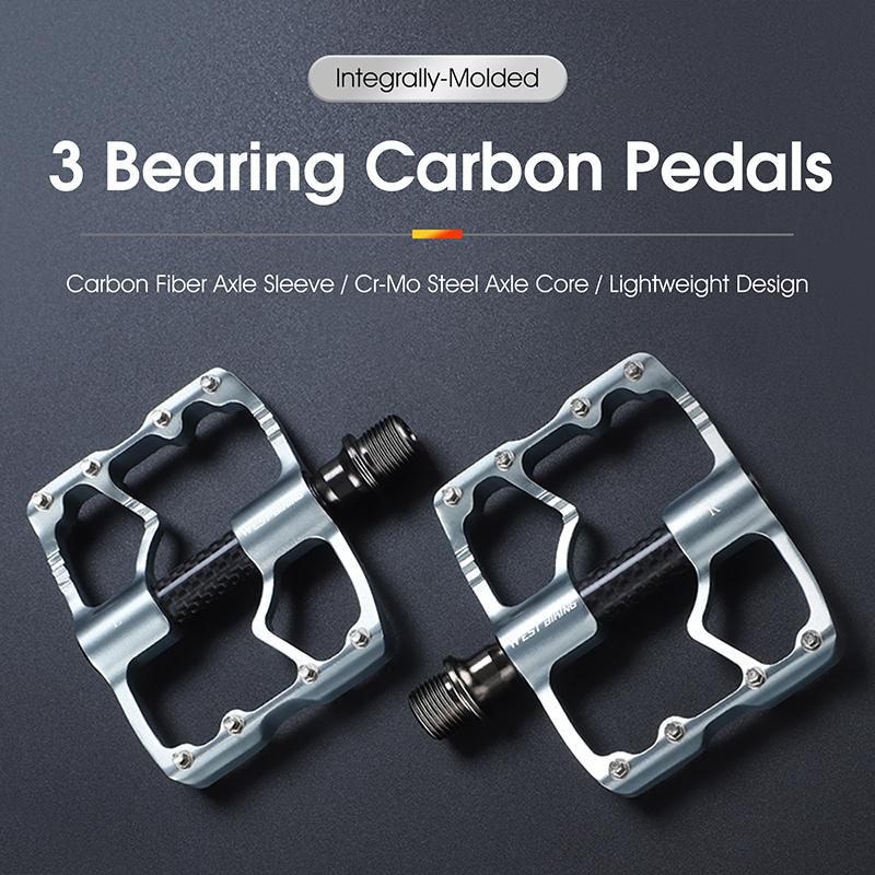 WEST BIKING 3 Bearings Bike Pedals Carbon Fiber Tube Ultralight Aluminum Widen Flat Pedal Anti-slip MTB Road Bike Pedals