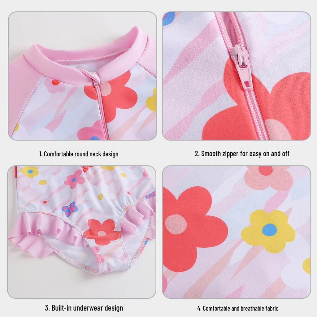 Girls' Cute Pink Floral One-Piece Swimsuit