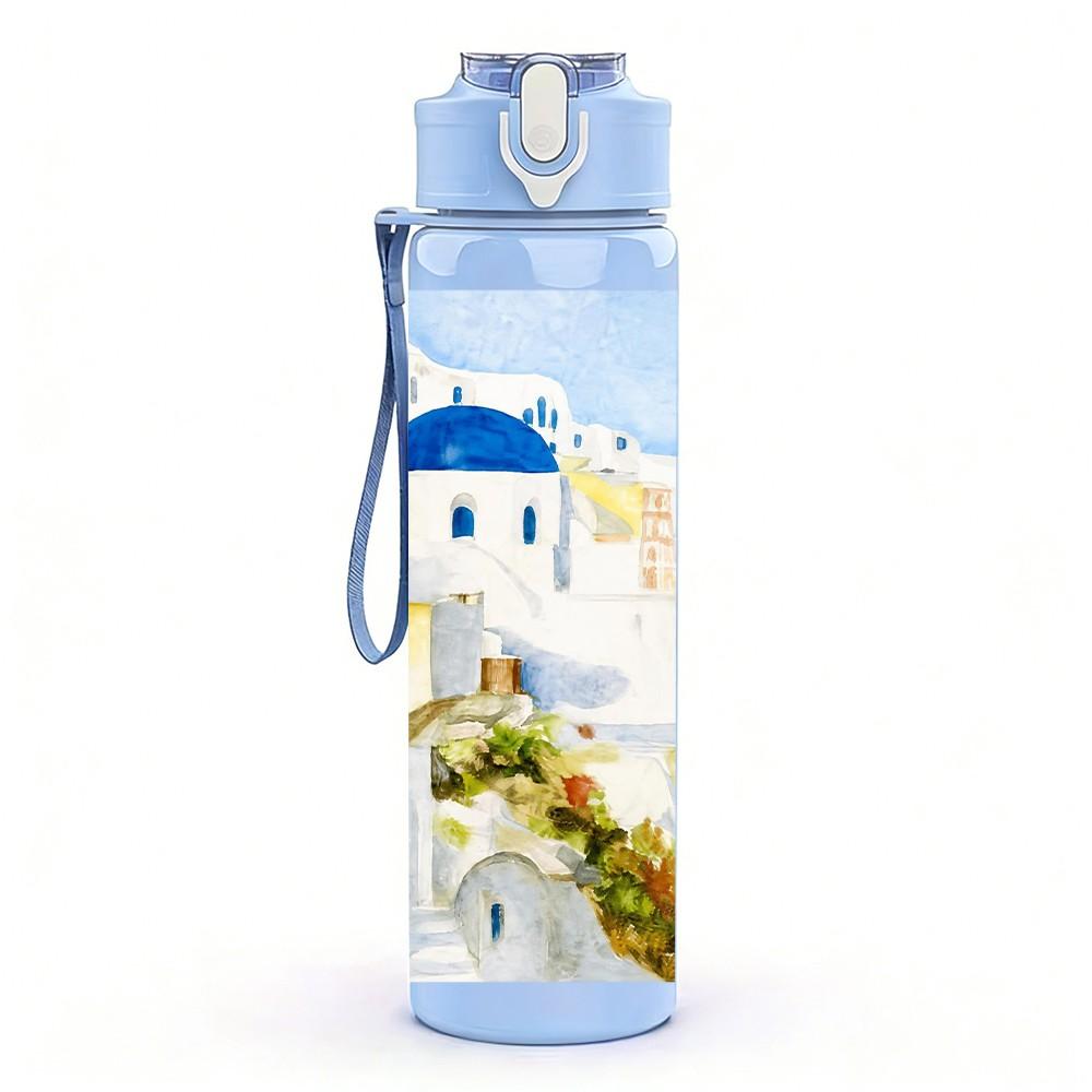 1PC Santorini White Building Sea View 750ml Color Plastic Sports Water Bottle Leakproof Flip Straw Lid Suitable for Sports Office Home Use