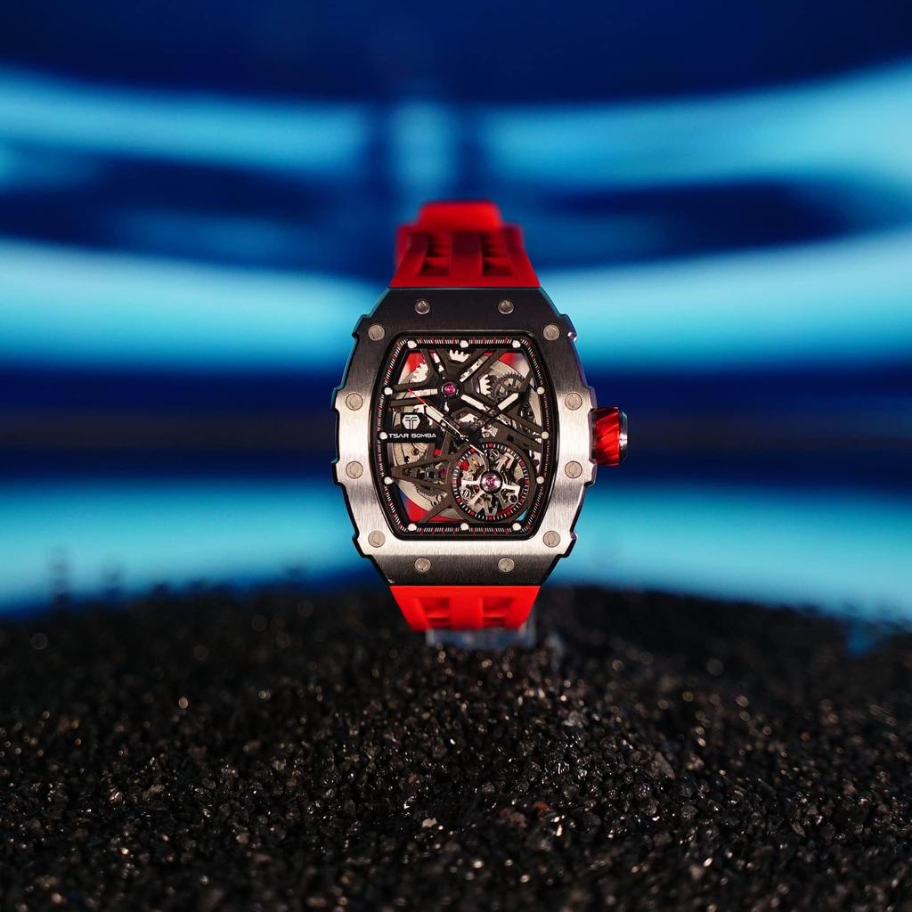 TSAR BOMBA Watch Business 50M Su Geçirmez İskelet Saat Şık Paslanmaz Çelik Tonneau Yüz Kol Saati Erkekler İçin Aydınlık Japon Hareketi Kırmızı Silikon