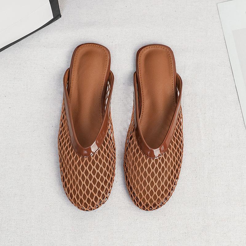 Mesh Mules Flats for Women Slip on Ballerina Comfortable Mule Round Toe Ballet Mary Jane Shoes for Summer Mary Jane Flats Fishnet Ballerina Flats
