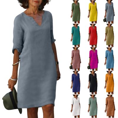 Women's Fashion -Color Dress 3/4 Sleeves V Neck Dress