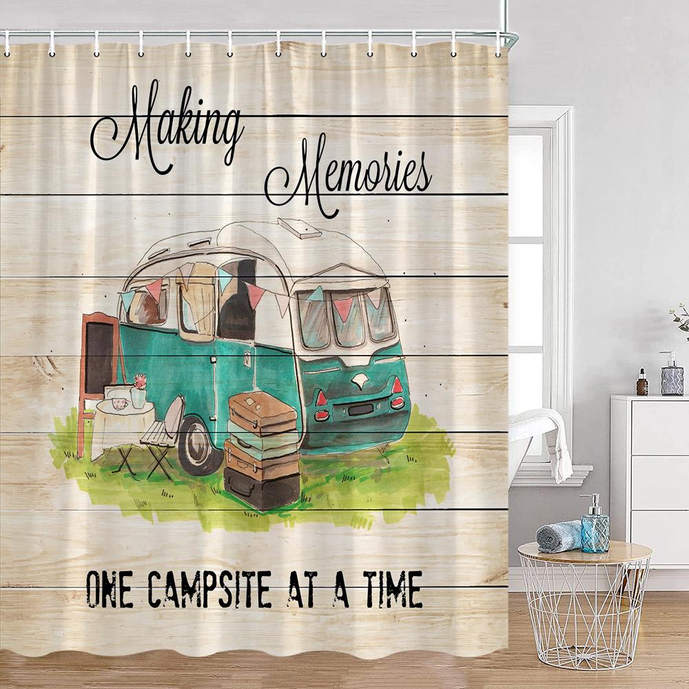 Cartoon Camper Shower Curtains Tree Camping Travel Bus Rv Bathroom Curtain Polyester Fabric Home Decoration With Hooks For Bath