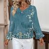 Women's Casual Fashion Ruffle V-Neck Pocket Retro Print Long Sleeve Top