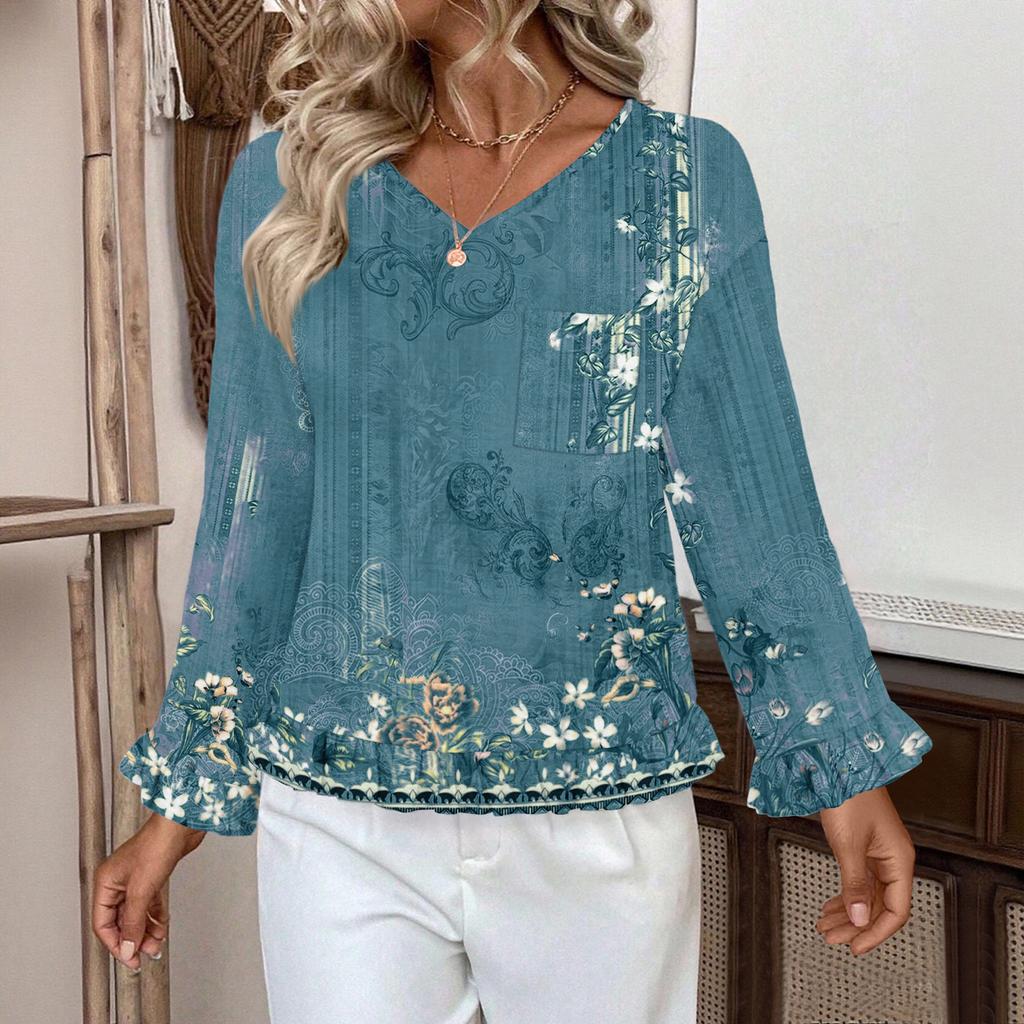 Women's Casual Fashion Ruffle V-Neck Pocket Retro Print Long Sleeve Top