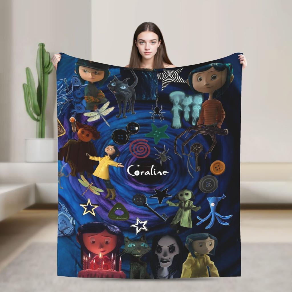 Coraline Halloween Horror Blankets Fleece Print   Multifunction Lightweight Throw Blankets for Bed Bedroom Bedspread