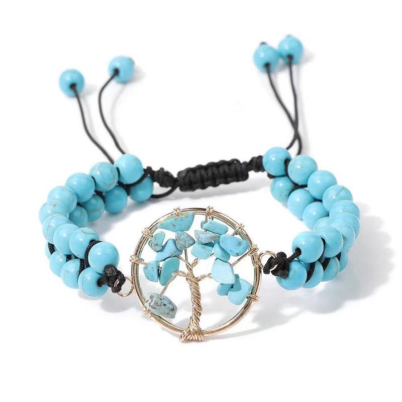 Natural Stone Double-Layer Woven Bracelet for Women - Retro Crushed Stone & Wire Wrapped Tree of Life Design