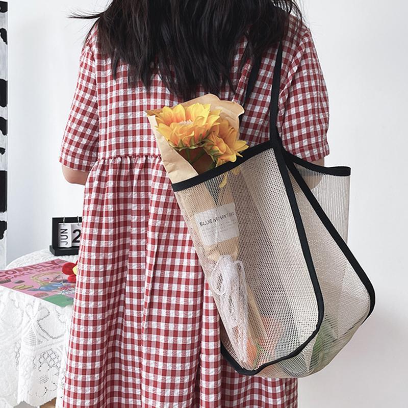 Large Capacity Beach Bag Lightweight Mesh Tote Bag Fashionable and Versatile Shopping Bag For Women Travel