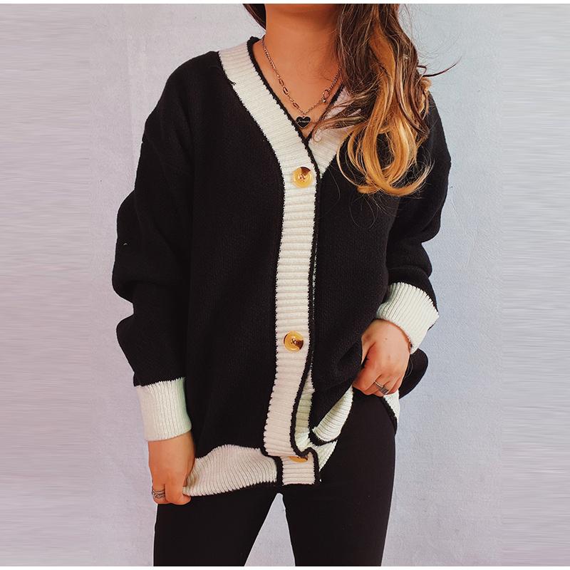 Knitted Cardigan Women V-neck Sweater Autumn Winter Single Breasted Coats Fashion Long Sleeve Panelled Casual Outerwear