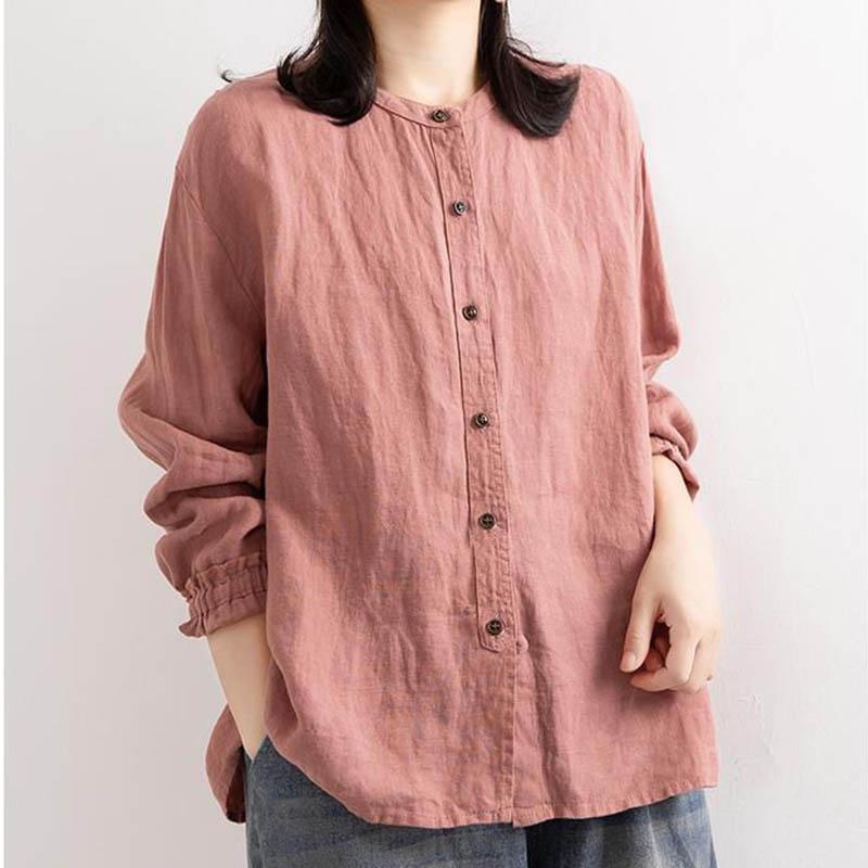 Cotton Linen Shirt Literary and Retro Style Women's Loose Round Neck Shirt Casual Thin Coat Close-up Sleeve Top Spring and Autumn
