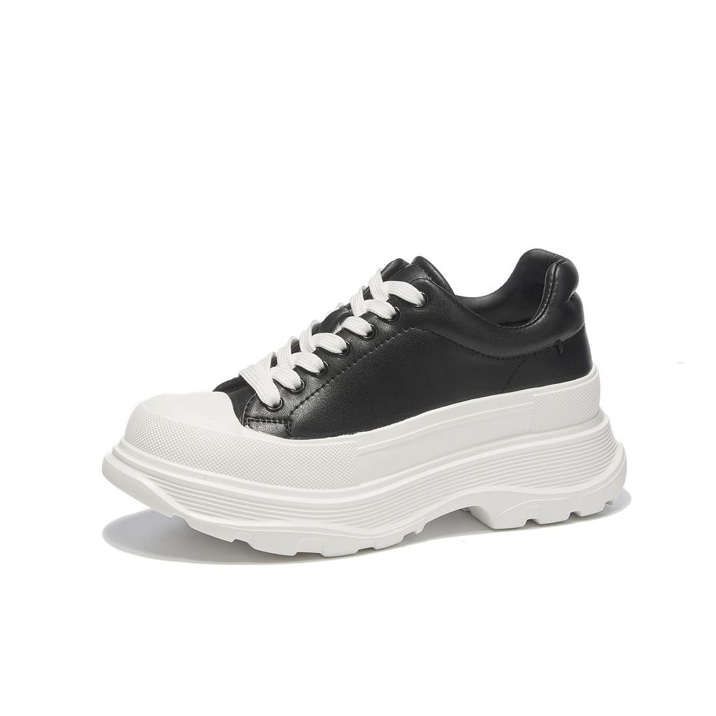 Leather platform white shoes women's spring new front lace-up lightweight height-increasing muffin shoes versatile casual board shoes