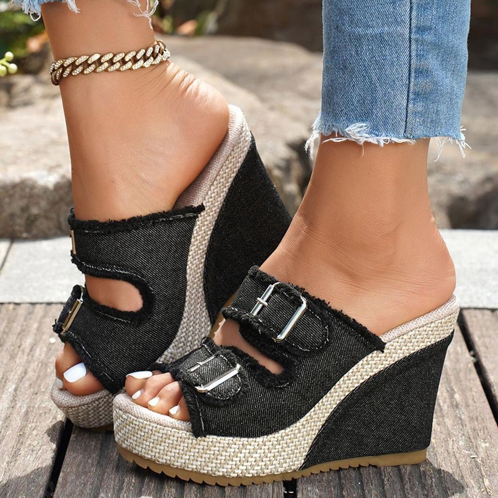 Jeans Patchwork Sandals Women'S Shoes Thick Soled Wedge Heeled Sandal Fashion Casual Fish Mouth Cloth High Heeled Sandalias