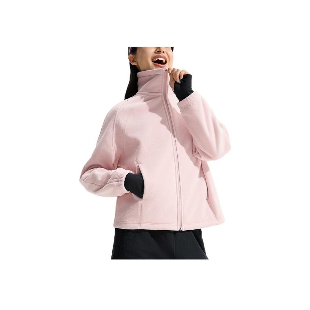 Li-Ning Fitness Series Infrared Warm Anti-Static Stand Collar Casual Loose Fleece Shoulder Dopamine Sweatshirt Women sweatshirt Light-Pink AFDU934-5