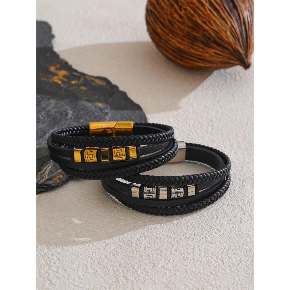 Yhpup 68mm Leather Braided Handmade Layered Men Bracelet Bangle Jewelry Waterproof Stainless Steel Personalized Accessories