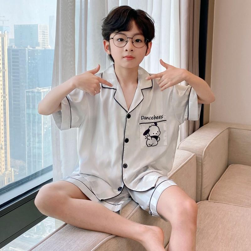 Boys Ice Silk Pajama Set Short Sleeve Shorts Kimono Style Cartoon Print Lightweight Sleepwear Kids 8