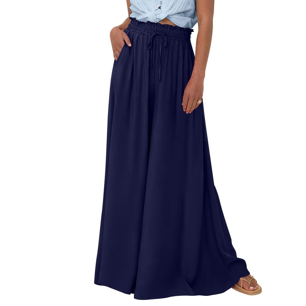 Women High Waisted Wide Leg Pants Summer Casual Flowy Palazzo Pants Beach Trousers With Pocket