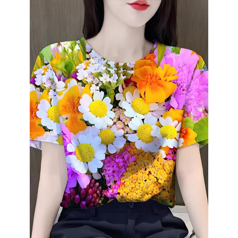 Summer Bestseller Beautiful Rose Flower 3D Print Short Sleeve Women's Fashionable round Neck T-Shirt Polyester Oversize