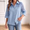 Women Casual Turn Down Collar Loose Lace Splice 3/4 Sleeve Elegant Blouse