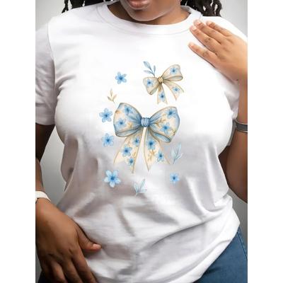 European Size Women'S "Fresh and Gentle Butterfly Knot" with Small Flower Prints | Casual Short Sleeve T-Shirt,Moderate Elasticity, Perfect for Summer