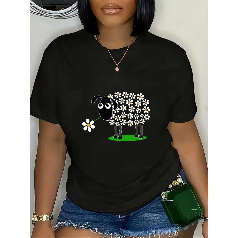 

European sizes Women S Cute Sheep Graphic Print T-Shirt, Short Sleeve Crew Neck Casual Top for Summer & Spring, Black with White Daisy Design 4XL
