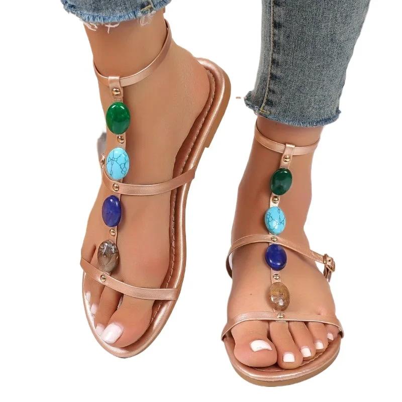 Ladies Shoes 2024 Plus Size Women's Sandals Summer Buckle Strap Casual Sandals Women New String Bead Flat Sandalszapatos