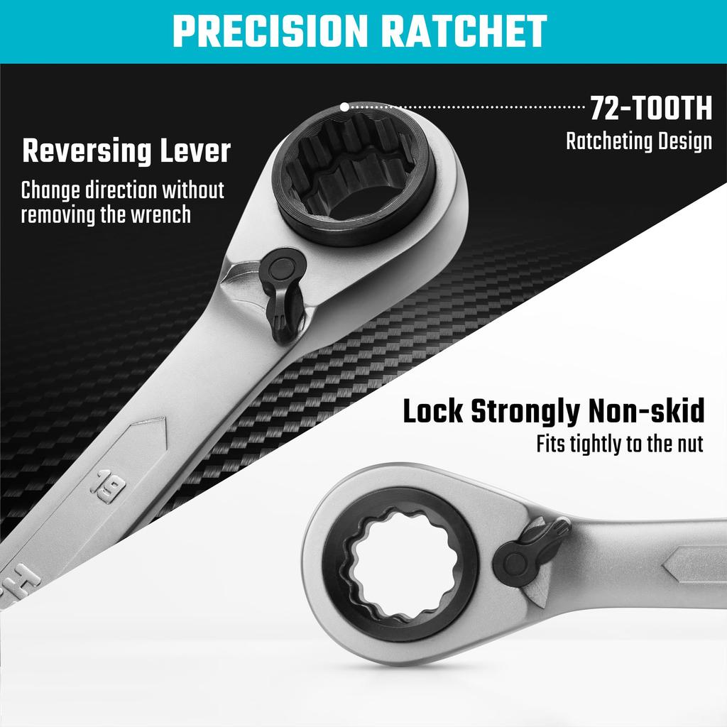 DURATECH Ratchet Wrench Angled Ratchet Straight Type with Directional 72 Storage Bag Set of 2 4-in-1 Set, Wrench, Lever, Gears, CR-V Steel,