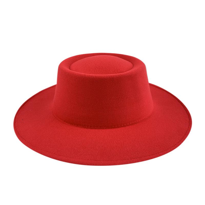 British style solid color big brim flat top top top hat French fashion jazz flat top woolen hat autumn and winter felt hat