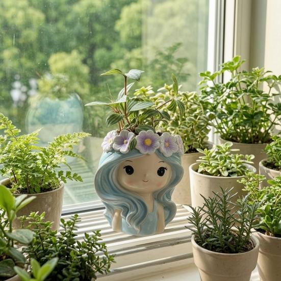Cartoon Face Planter for Cacti Cute Girl Planter, Blue Hair Garland Head Indoor Plants Decorative Resin Plant Pot Succulents Healing Aesthetic