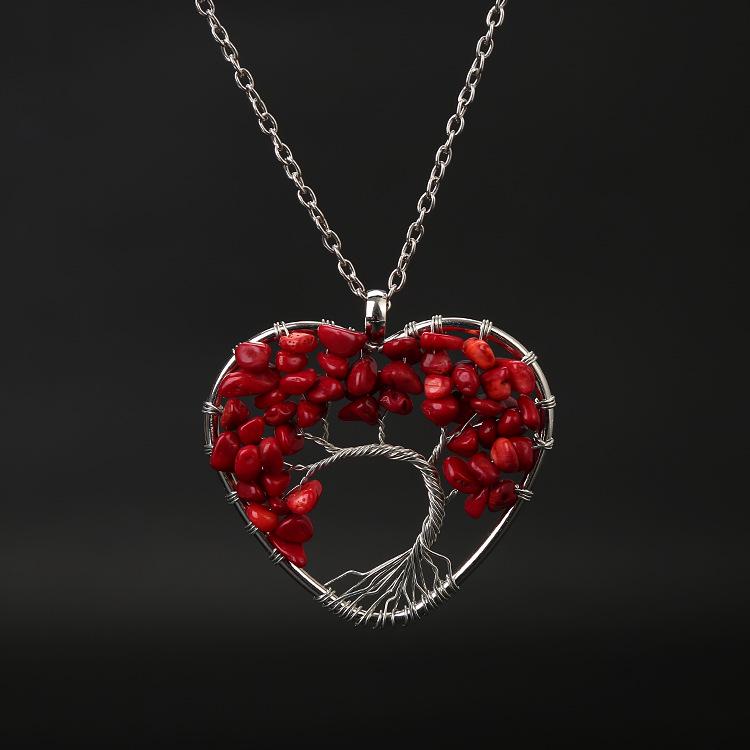 Seven-Color Heart-Shaped Tree of Life Necklace with Natural Stone Crystals