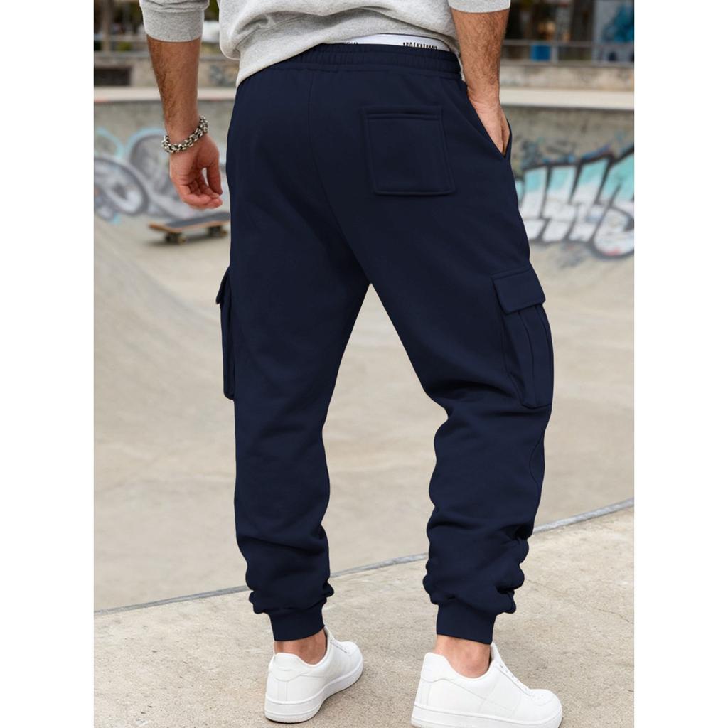 Autumn and winter fleece men's casual overalls men's multi-pocket drawstring sports casual trousers