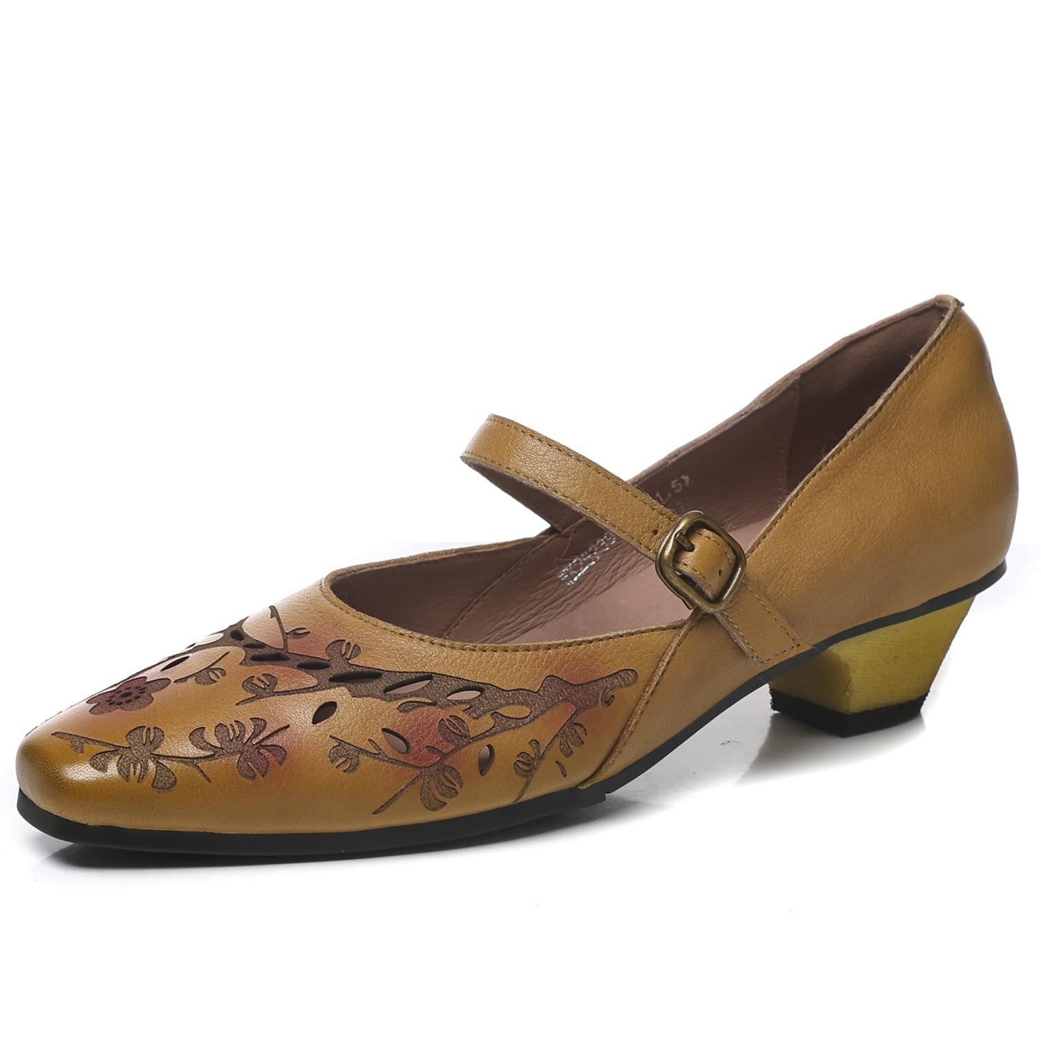 

Johnature Chinese Style Retro Printed Square Toe Mary Jane Shoes Genuine Leather Women s Mid Heel Shoes 35 жёлтый