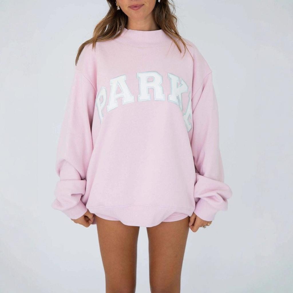 Damen Kapuzenpullover mit Stehkragen, langen Ärmeln, lockerem Schnitt, Buchstabenstickerei, Rosa, Lässiges Oberteil