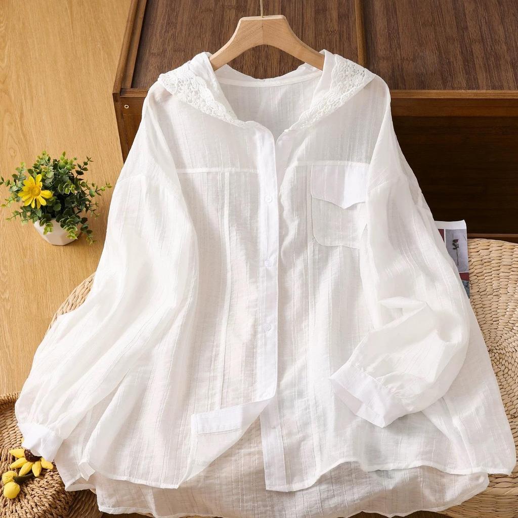 Autumn Women's White Lace Hooded Cardigan - Elegant, Lightweight, and Loose-Fit Sun Protection Top