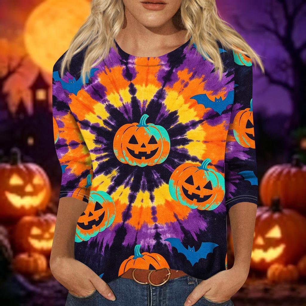 Women’s Casual Three Quarter Sleeve Crew Neck Top Tie Dye Halloween Themed Print Relaxed Fit Soft Fabric for Daily Wear