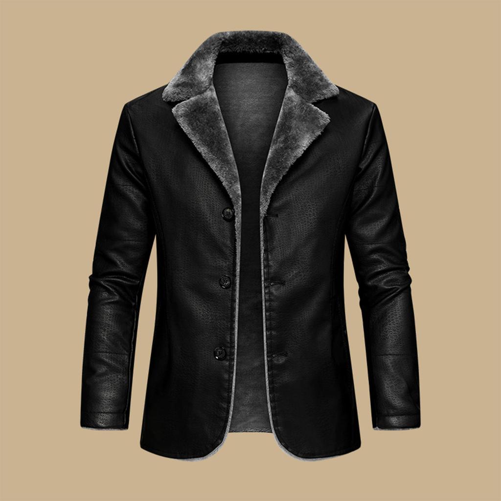 Men's Leather Business Jacket With Plush Velvet And Large Lapel Suit Leather Jacket