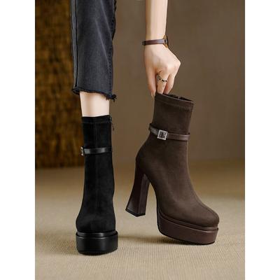 Super hohe Absatz dicke Absatz kurze Stiefel Seitenreißverschluss runde Spitze wasserdicht Tischband Schnalle sexy elastisches Wildleder dünne Stiefel