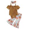 Kid Girl Cow Print Bell Bottoms Outfits Toddler Girl Short Sleeve Romper Rib Knit Button Bodysuit Flare Pants Clothes