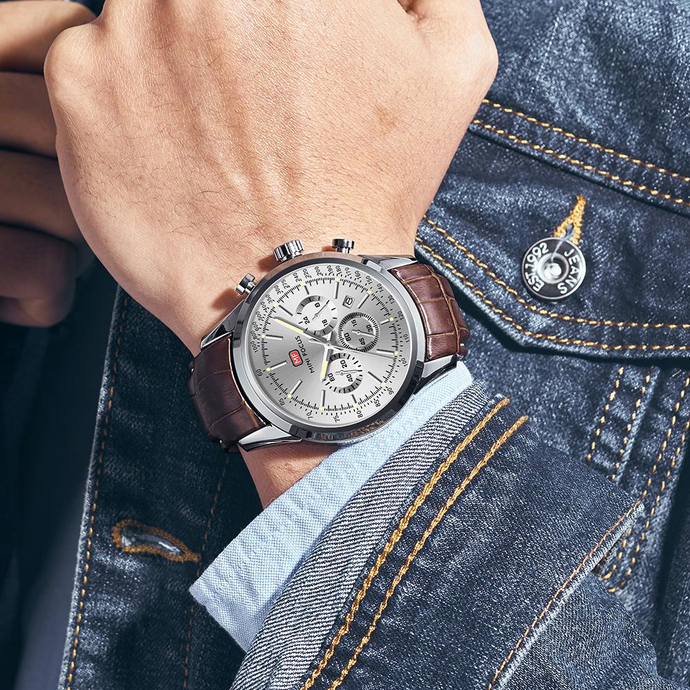 MINI FOCUS Erkek Saat Takvimi Aydınlık Su Geçirmez Deri Kayış Erkek Kuvars Saatler