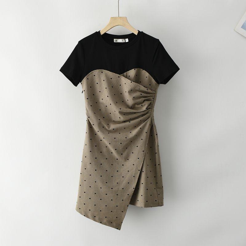 

French style Contrast Color Retro Patchwork Dress Women Summer High-Grade Sense Small Beautiful Temperament Irregular Short dress Fashion Black Brown XS