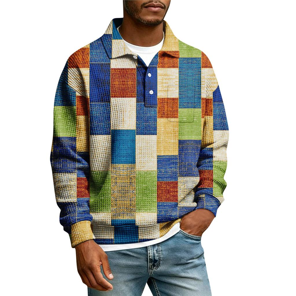 Men's Lapel Printed Single Breasted Pocket Long Sleeve Casual Sports T-Shirt