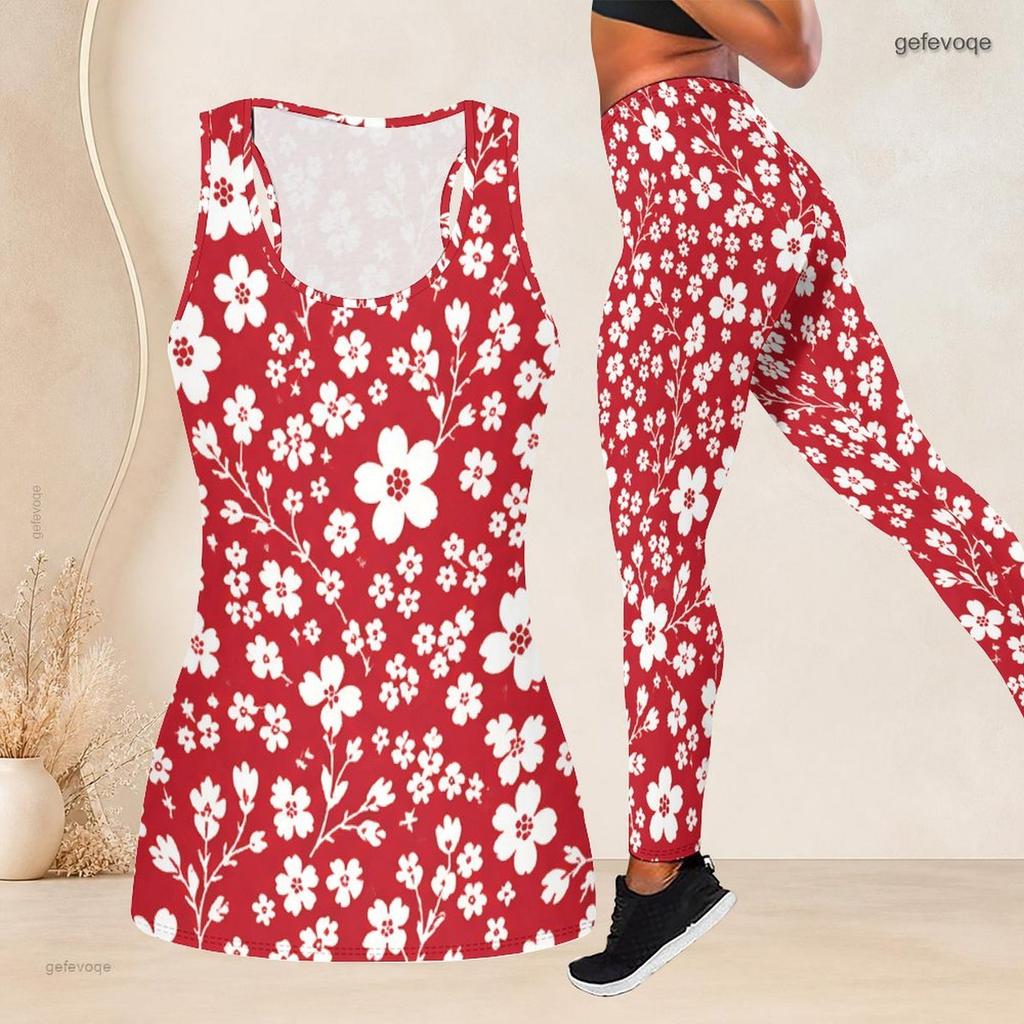 Women Plus Size Floral Printed Two Piece Set Scoop Neck Sleeveless Longline Tank Top Fitted Pants