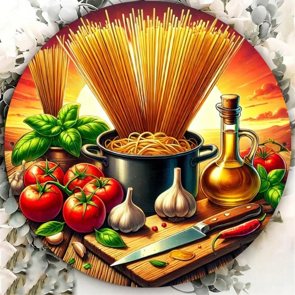 Vintage Italian Kitchen Aluminum Wall Art Round Spaghetti Tomato Decor Gift 20x20 разноцветный