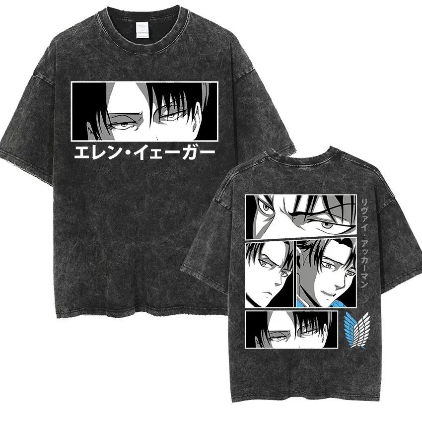 Attack on Titan Washed Oversized T-shirt Mikasa Ackerman Eren Jaeger Women Mens Summer Cotton T-shirts High Quality Anime Fans Clothing
