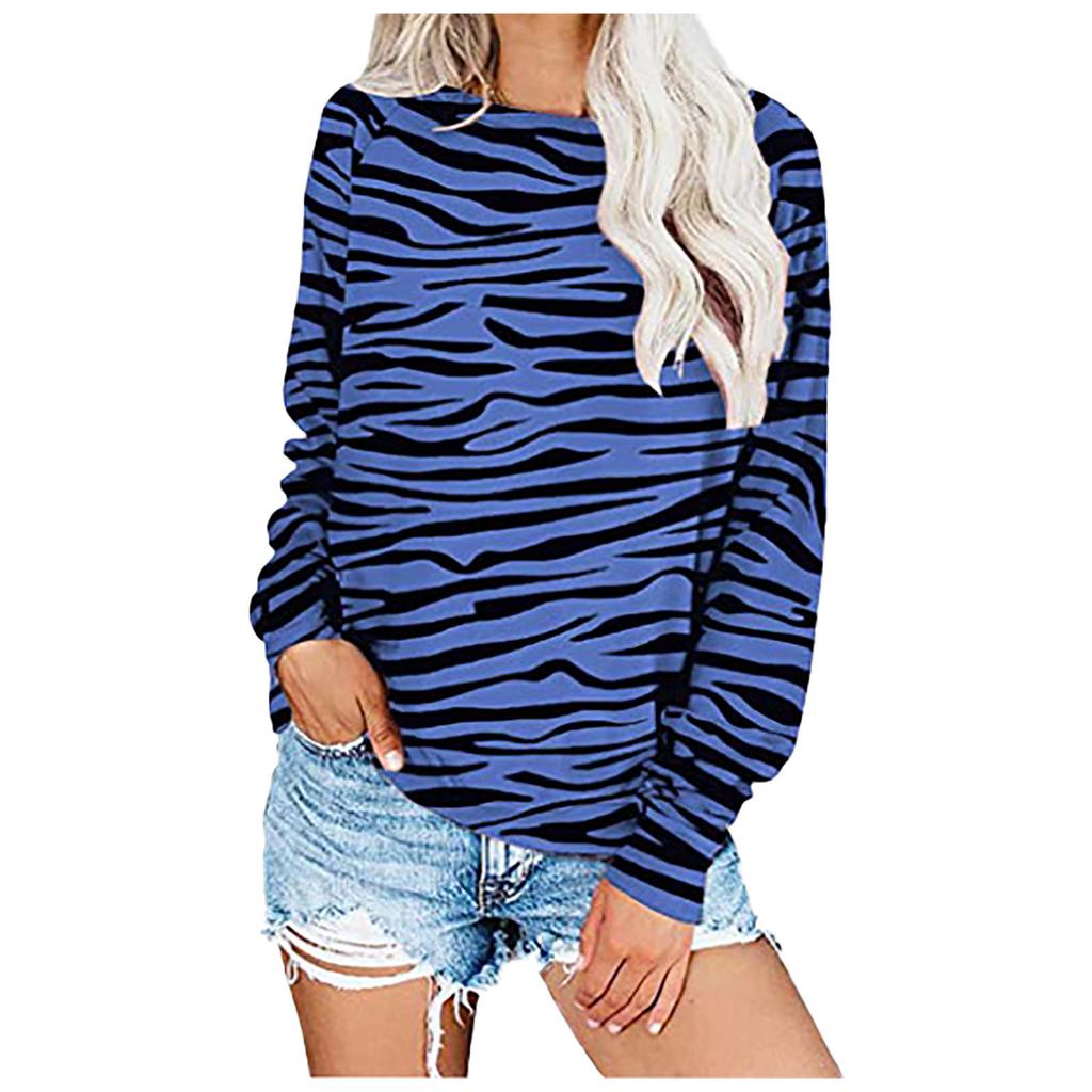 Fashion Women Loose Leopard Stripes Printed Blouse Long Sleeves T-Shirt Tops