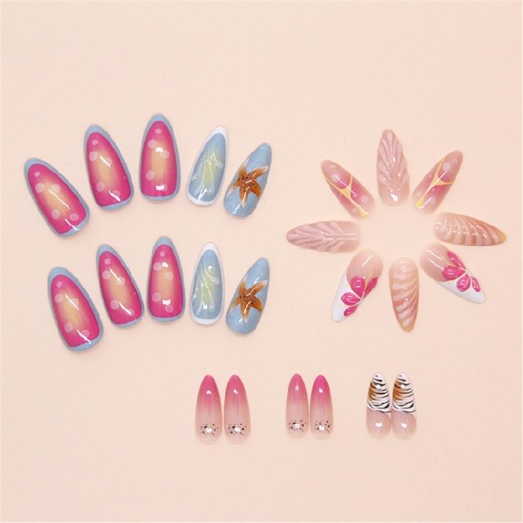 24Pcs French Almond Press On Nail with 3D Starfish Designs Acrylic Artificial Nail For Everyday Wear And Parties