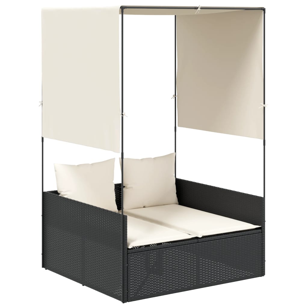 Double Sun Lounger with Canopy and Curtains Black Poly Rattan