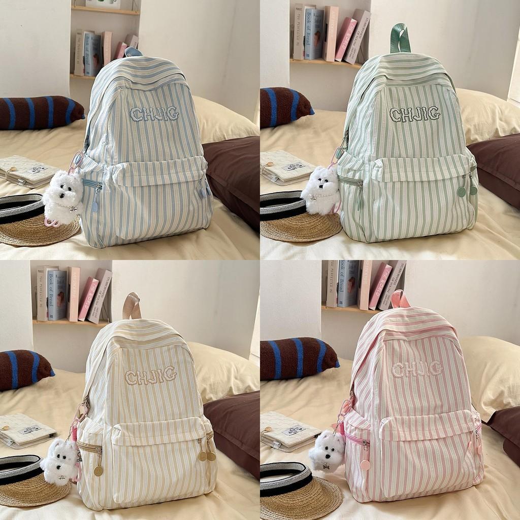 Spacious And Light Striped Nylon Backpack With Padded Straps For Girls School