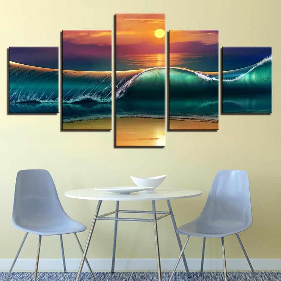 5 Pieces Sunset Beach Seascape Modern HD Prints Pictures Canvas Poster Wall Art Paintings Home Decor Living Room Decoration No Frame