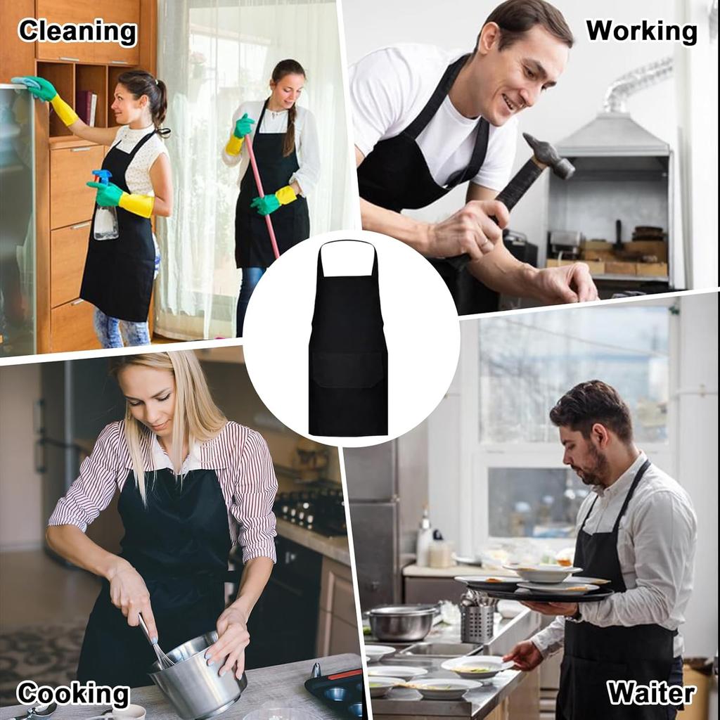 12 Pack Bib Apron,Black Aprons with 2 Pockets,Unisex Black Plain Aprons with Long Ties,Kitchen Cooking Aprons for Women Men Chef,Painting BBQ